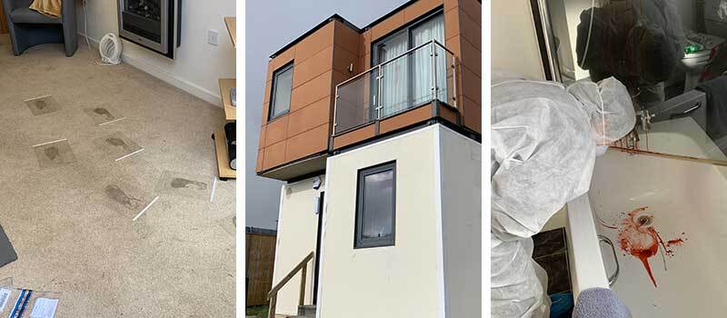 Photographic montage of the crime scene house, footprints on the lounge carpet and a forensic science student examining blood splatter in the bath